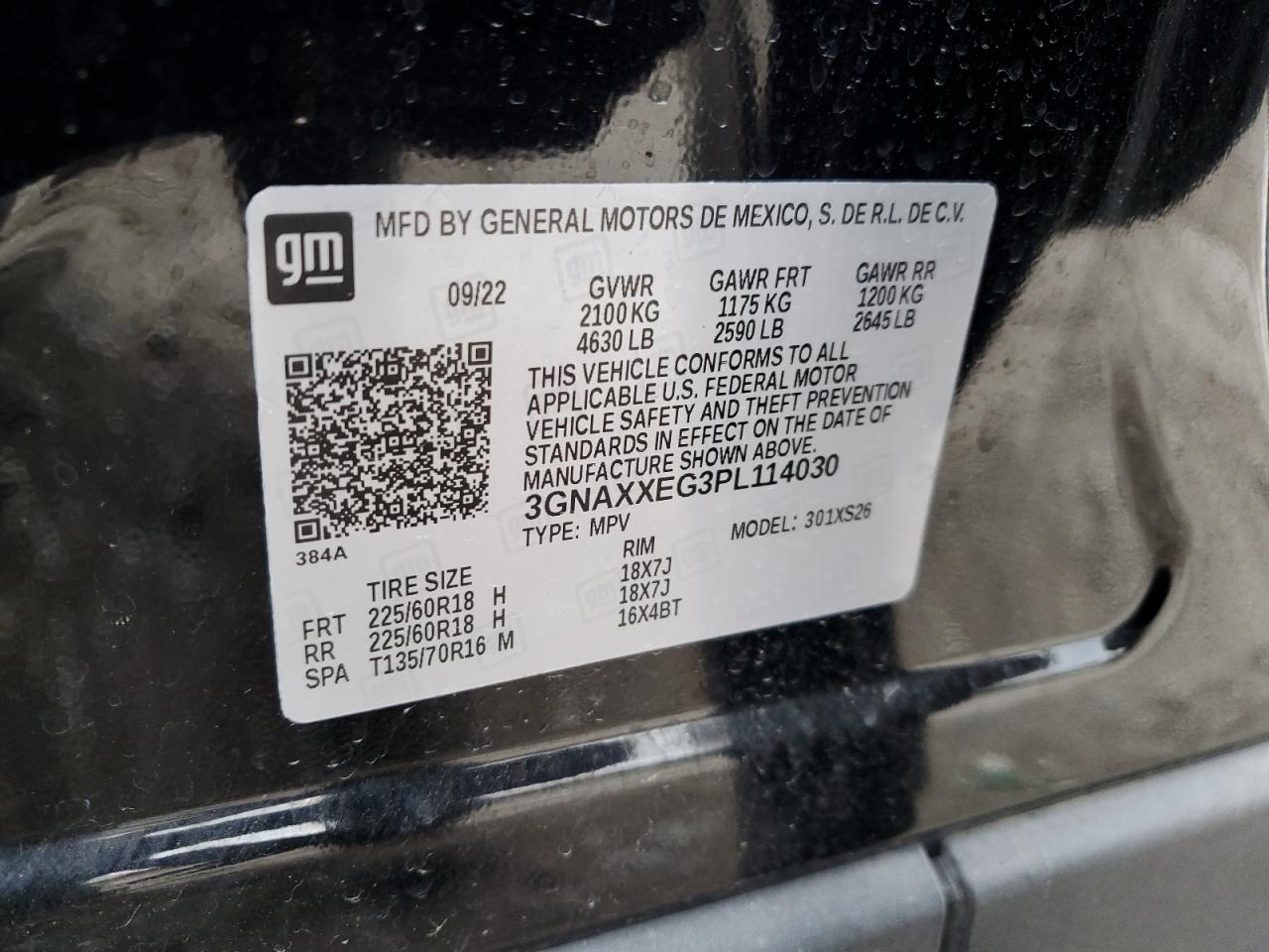 2023 CHEVROLET EQUINOX PREMIER VIN:3GNAXXEG3PL114030