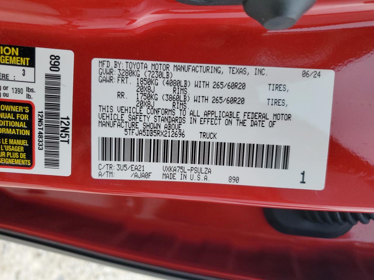 2024 TOYOTA TUNDRA CREWMAX LIMITED VIN:5TFJA5DB5RX212696