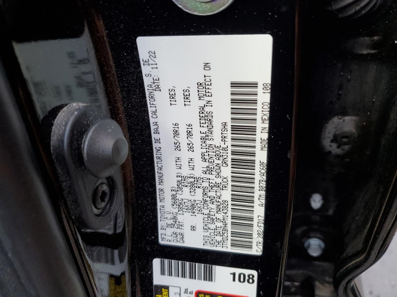 2023 TOYOTA TACOMA DOUBLE CAB VIN:3TMDZ5BN4PM143828