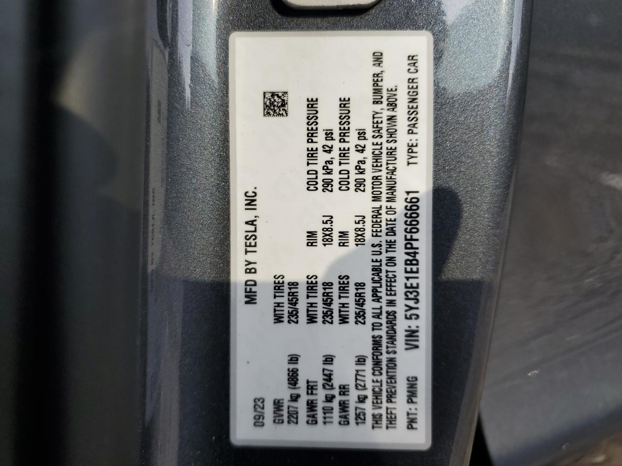 2023 TESLA MODEL 3 VIN:5YJ3E1EB4PF666661