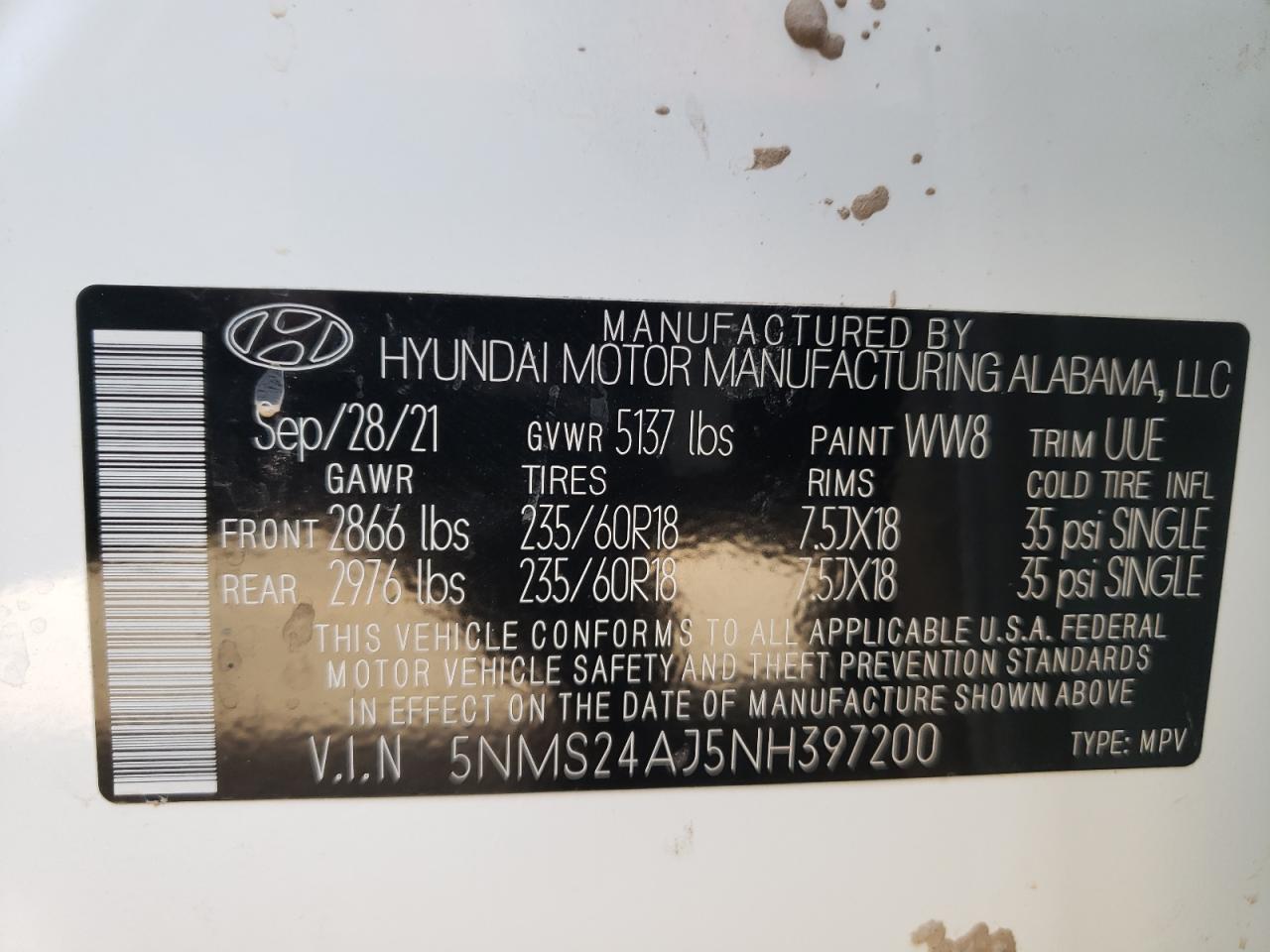2022 HYUNDAI SANTA FE SEL VIN:5NMS24AJ5NH397200