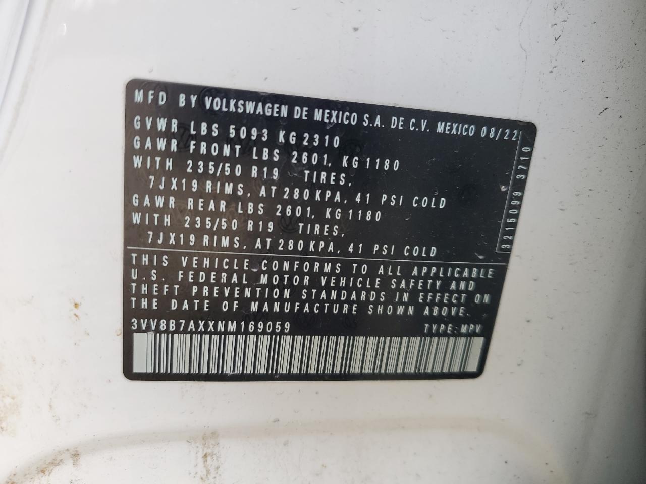 2022 VOLKSWAGEN TIGUAN SE R-LINE BLACK VIN:3VV8B7AXXNM169059