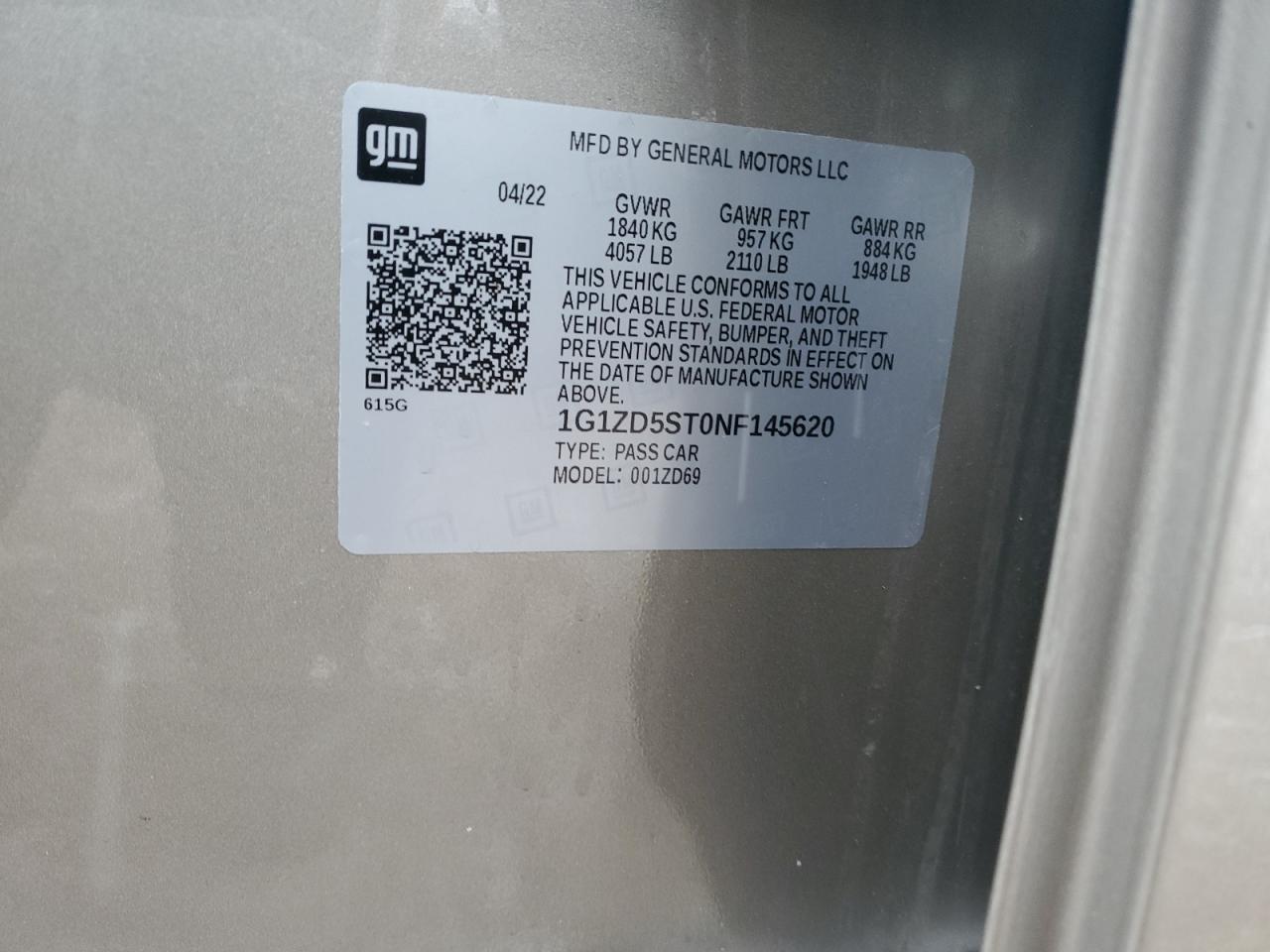 2022 CHEVROLET MALIBU LT VIN:1G1ZD5ST0NF145620