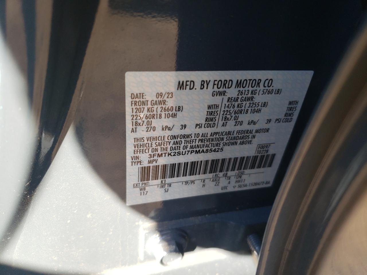 2023 FORD MUSTANG MACH-E CALIFORNIA ROUTE 1 VIN:3FMTK2SU7PMA85425