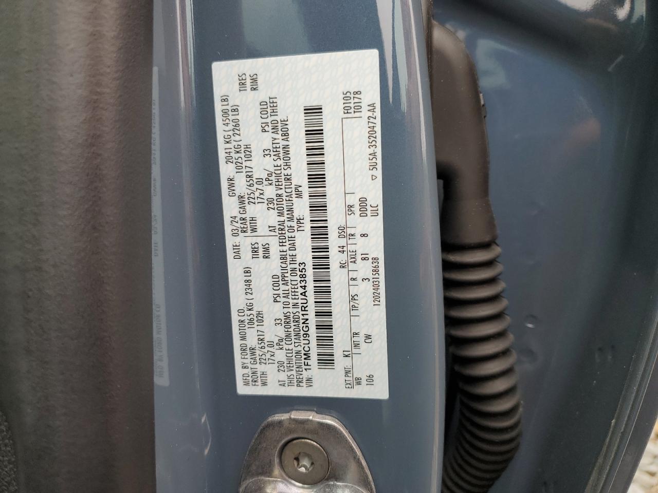 2024 FORD ESCAPE ACTIVE VIN:1FMCU9GN1RUA43853