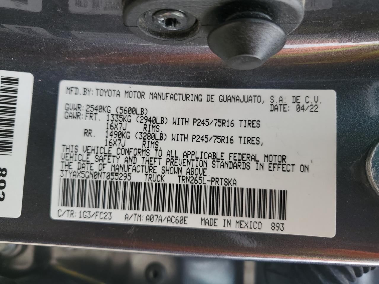 2022 TOYOTA TACOMA DOUBLE CAB VIN:3TYAX5GN0NT055295