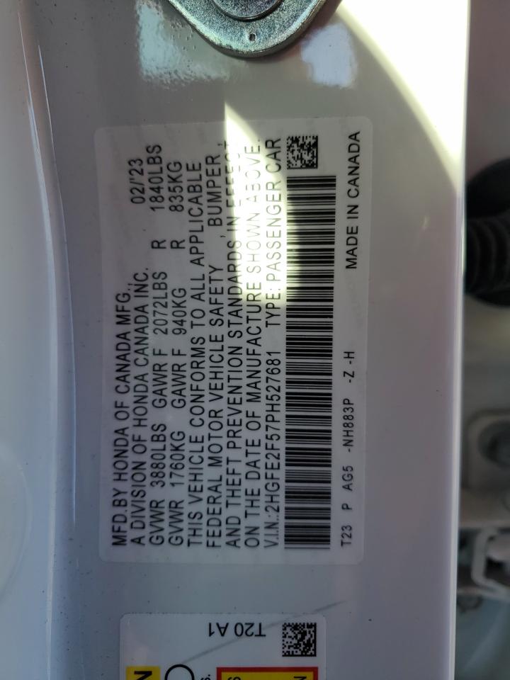 2023 HONDA CIVIC SPORT VIN:2HGFE2F57PH527681