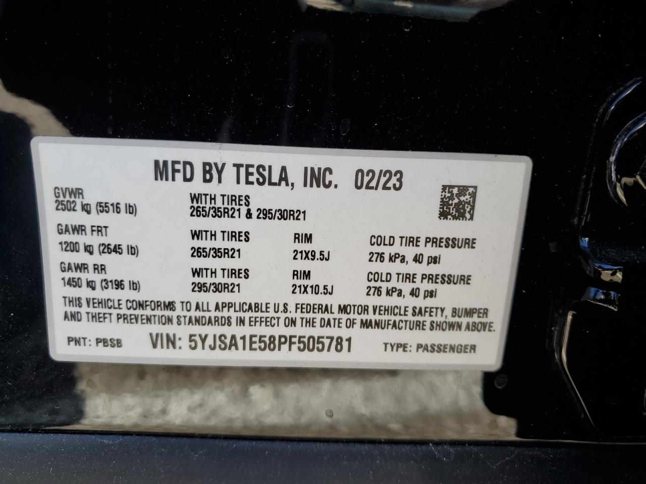 2023 TESLA MODEL S VIN:5YJSA1E58PF505781