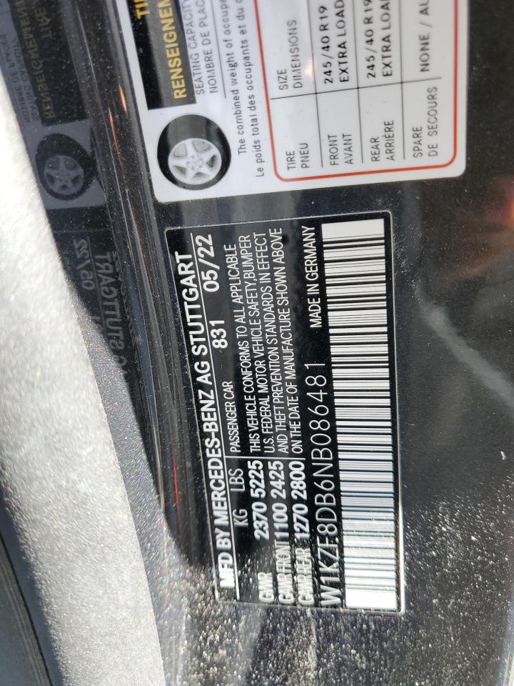 2022 MERCEDES-BENZ E 350 VIN:W1KZF8DB6NB086481