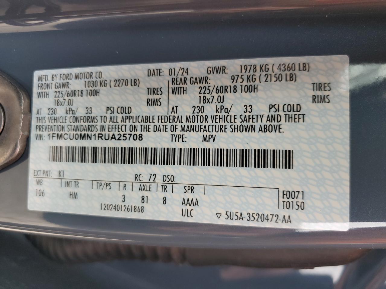 2024 FORD ESCAPE ST LINE VIN:1FMCU0MN1RUA25708