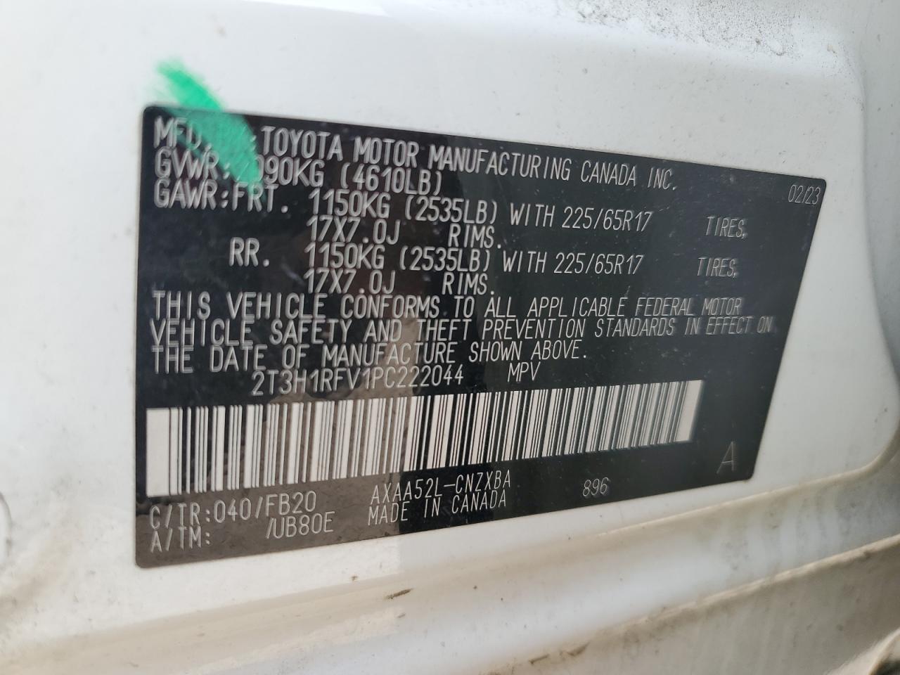 2023 TOYOTA RAV4 LE VIN:2T3H1RFV1PC222044