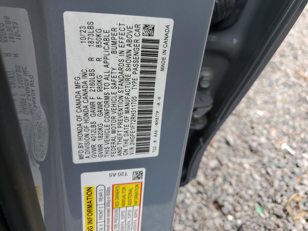 2024 HONDA CIVIC EX VIN:2HGFE1F72RH311705