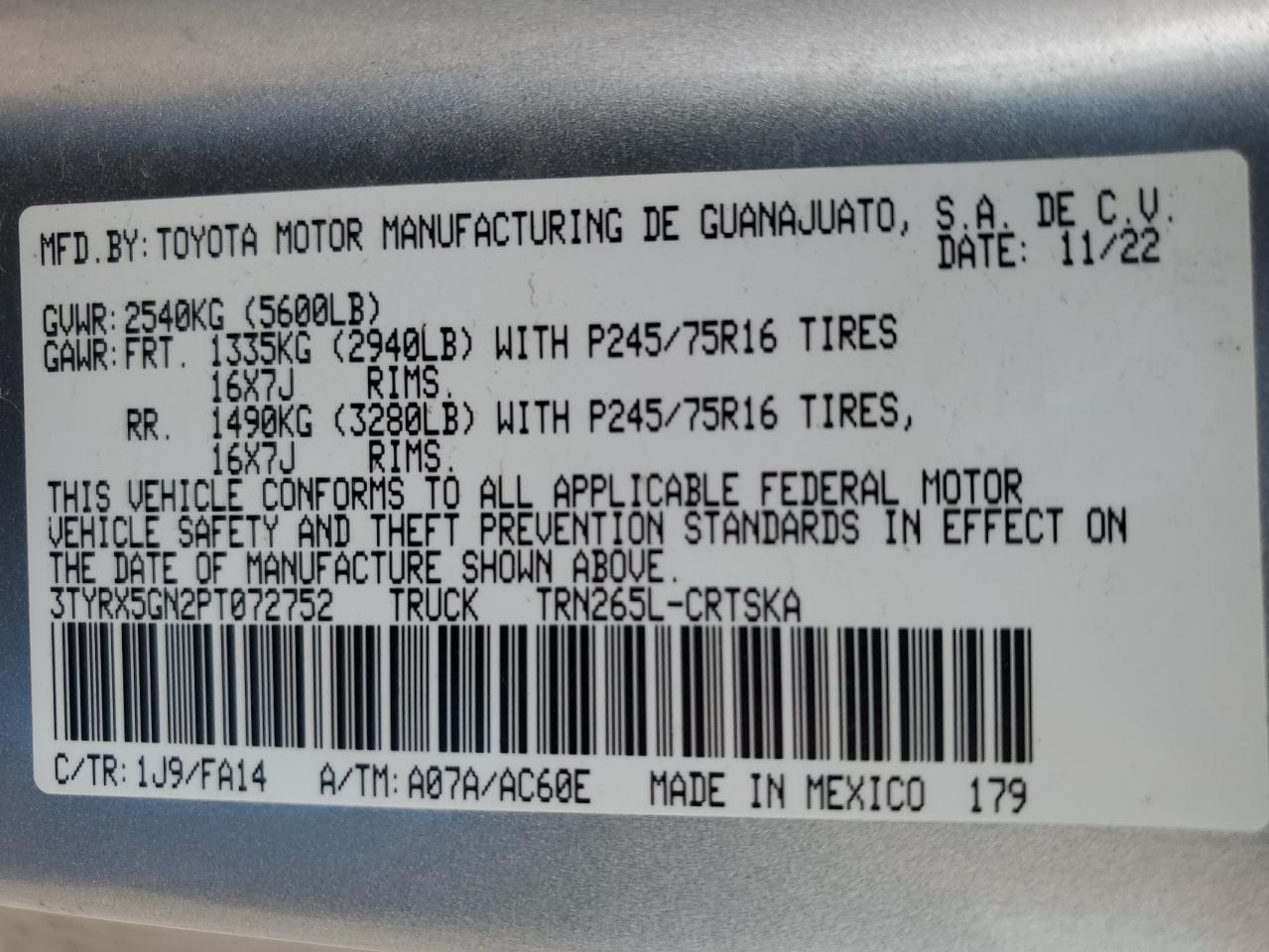 2023 TOYOTA TACOMA ACCESS CAB VIN:3TYRX5GN2PT072752