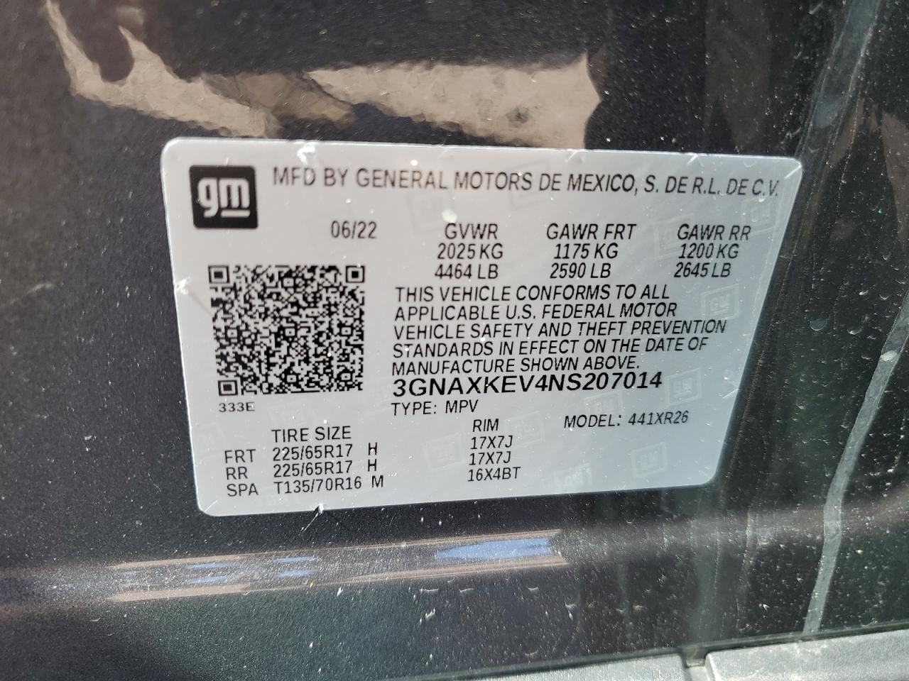 2022 CHEVROLET EQUINOX LT VIN:3GNAXKEV4NS207014