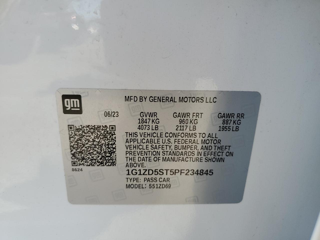 2023 CHEVROLET MALIBU LT VIN:1G1ZD5ST5PF234845