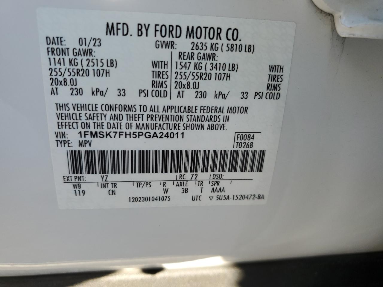 2023 FORD EXPLORER LIMITED VIN:1FMSK7FH5PGA24011