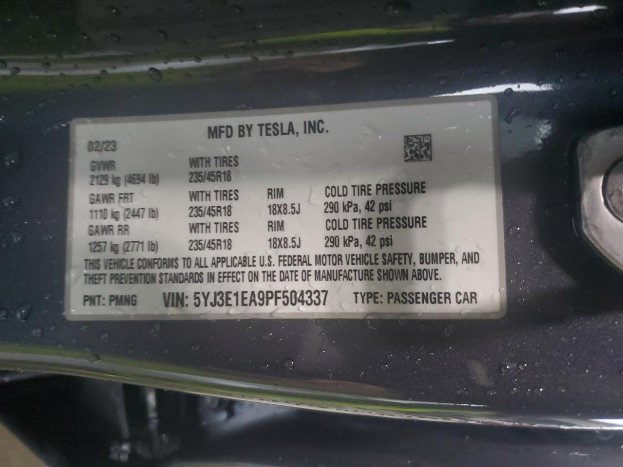 2023 TESLA MODEL 3 VIN:5YJ3E1EA9PF504337
