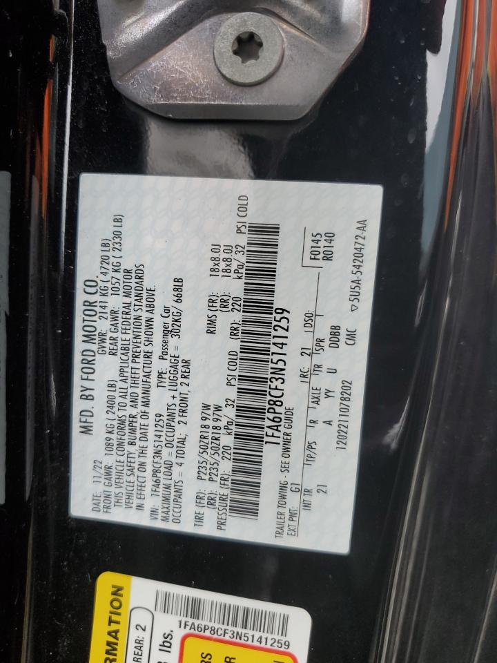 2022 FORD MUSTANG GT VIN:1FA6P8CF3N5141259