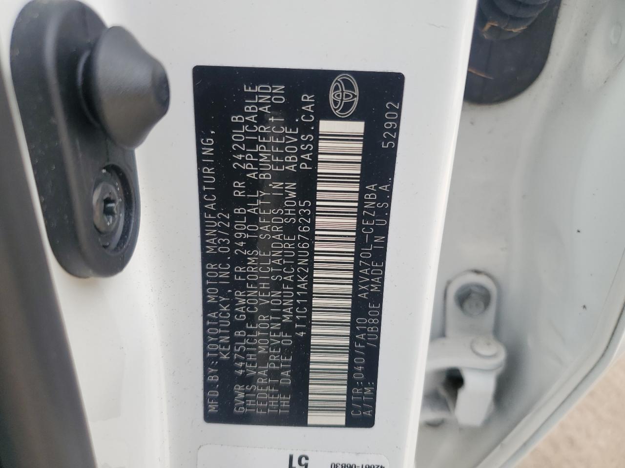 2022 TOYOTA CAMRY LE VIN:4T1C11AK2NU676235