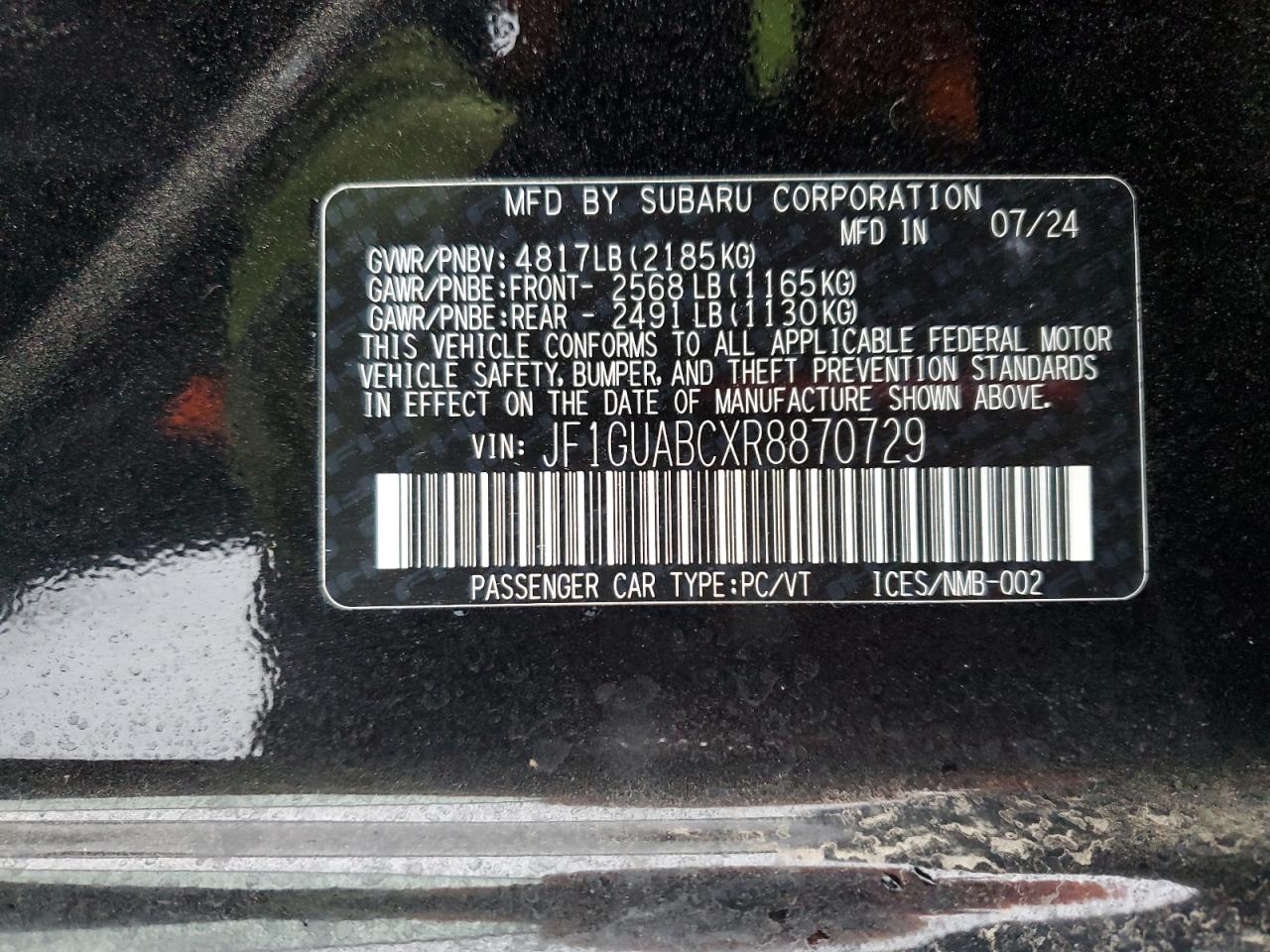 2024 SUBARU IMPREZA VIN:JF1GUABCXR8870729