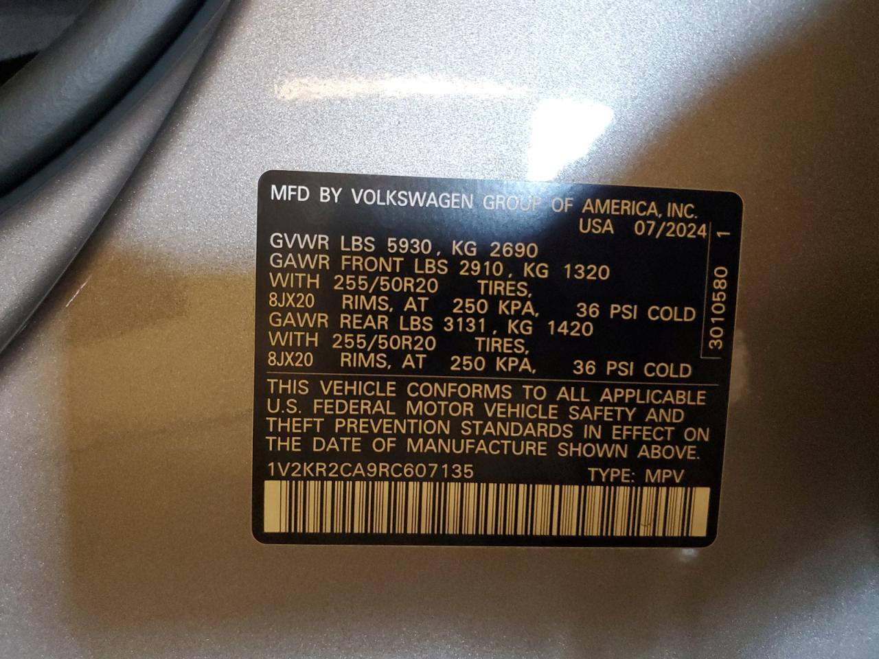 2024 VOLKSWAGEN ATLAS SE VIN:1V2KR2CA9RC607135