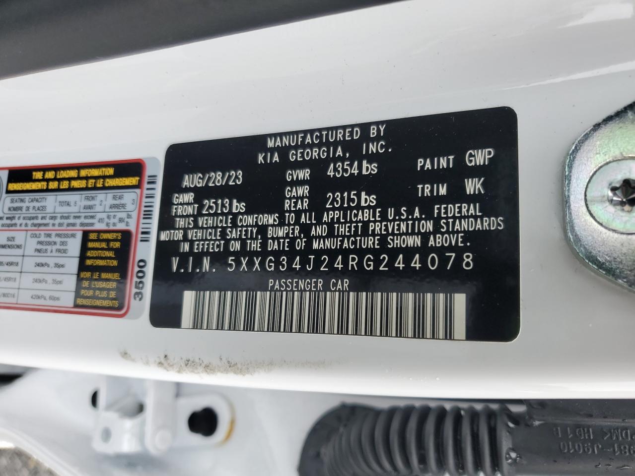2024 KIA K5 EX VIN:5XXG34J24RG244078