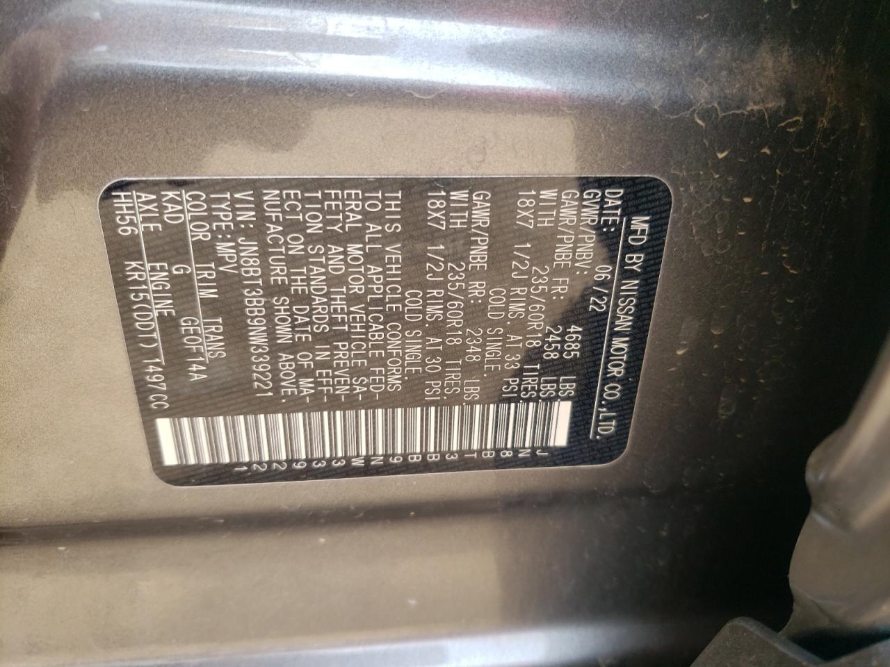 2022 NISSAN ROGUE SV VIN:JN8BT3BB9NW339221