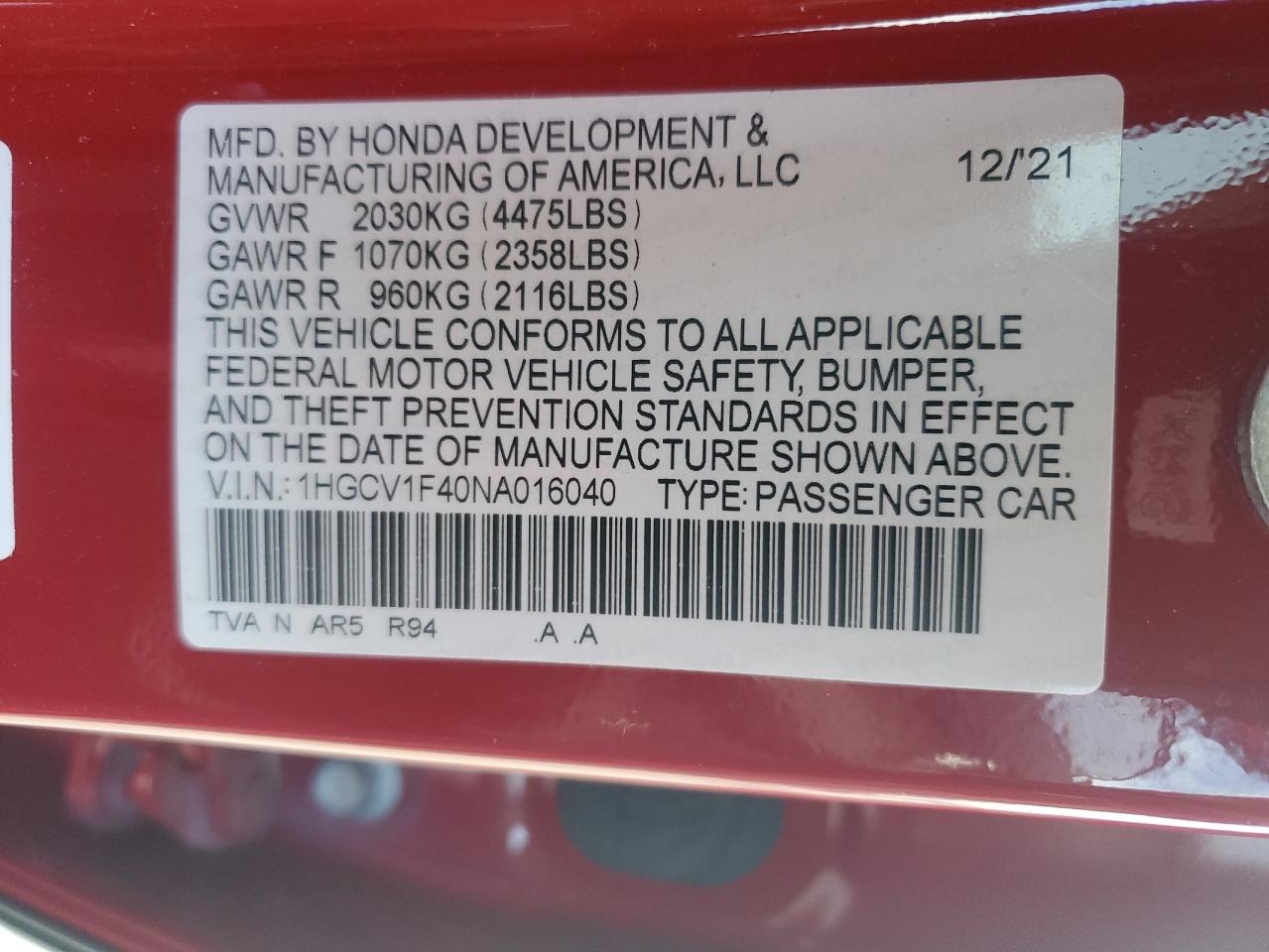 2022 HONDA ACCORD SPORT SE VIN:1HGCV1F40NA016040