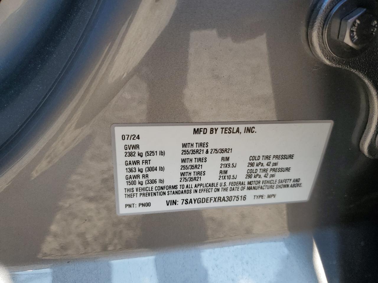 2024 TESLA MODEL Y VIN:7SAYGDEFXRA307516