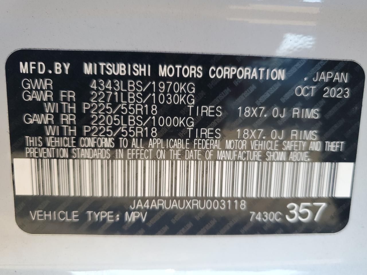 2024 MITSUBISHI OUTLANDER SPORT S/SE VIN:JA4ARUAUXRU003118