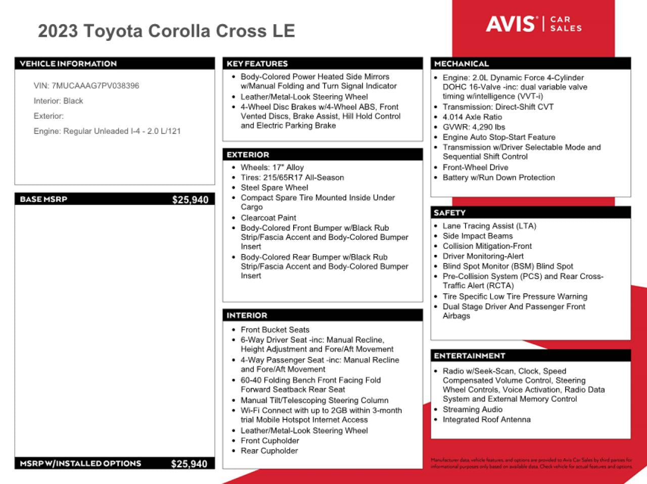 2023 TOYOTA COROLLA CROSS LE VIN:7MUCAAAG7PV038396