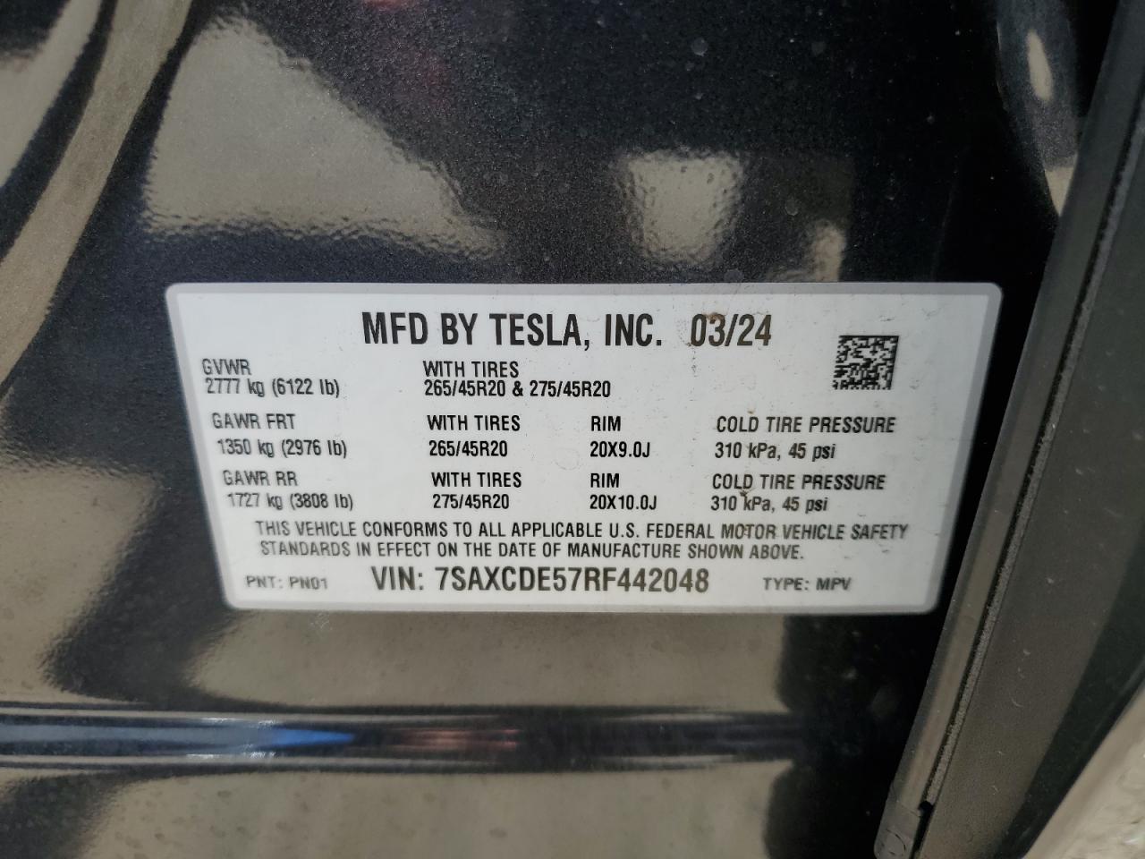 2024 TESLA MODEL X VIN:7SAXCDE57RF442048