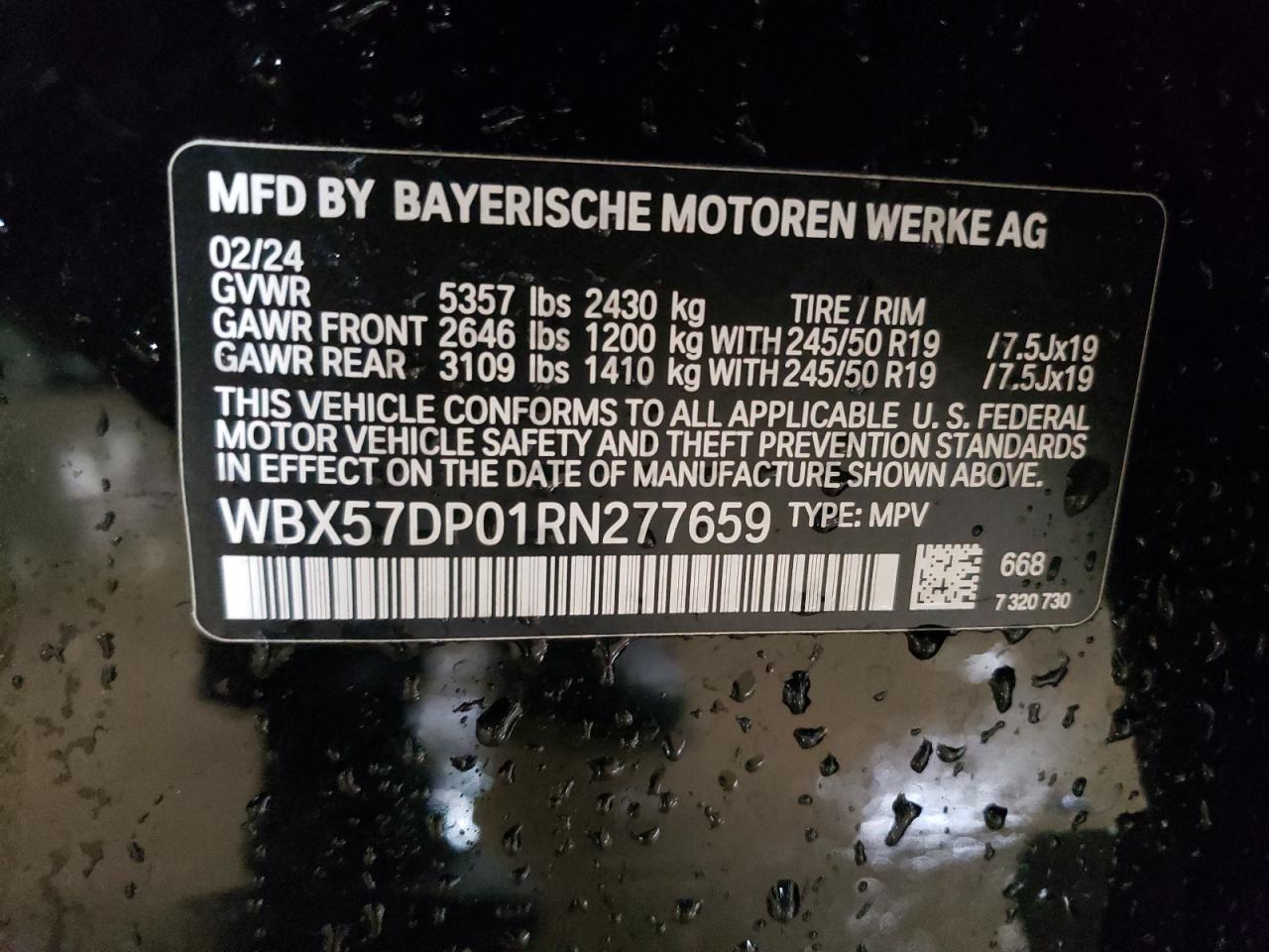 2024 BMW X3 XDRIVE30I VIN:WBX57DP01RN277659