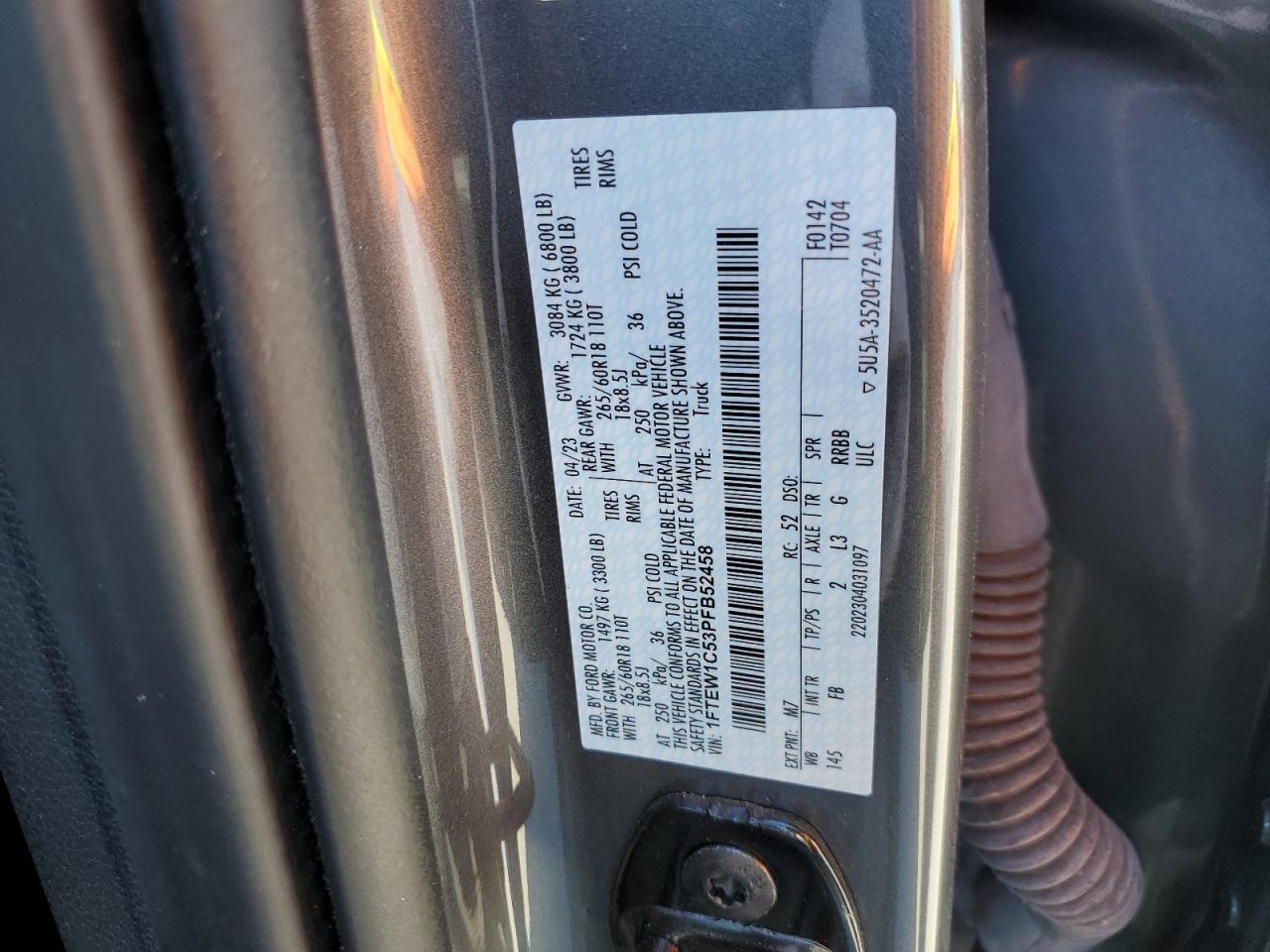 2023 FORD F150 SUPERCREW VIN:1FTEW1C53PFB52458
