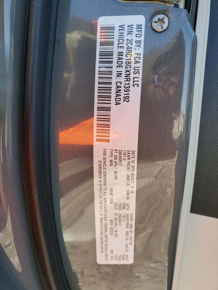 2022 CHRYSLER PACIFICA TOURING L VIN:2C4RC1BGXNR139192