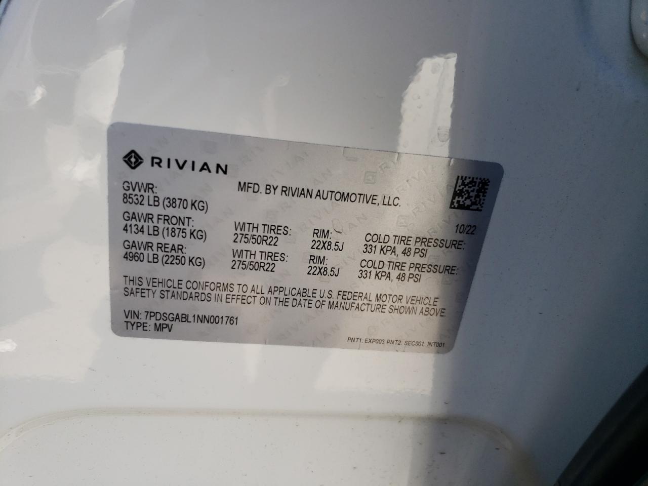 2022 RIVIAN R1S LAUNCH EDITION VIN:7PDSGABL1NN001761