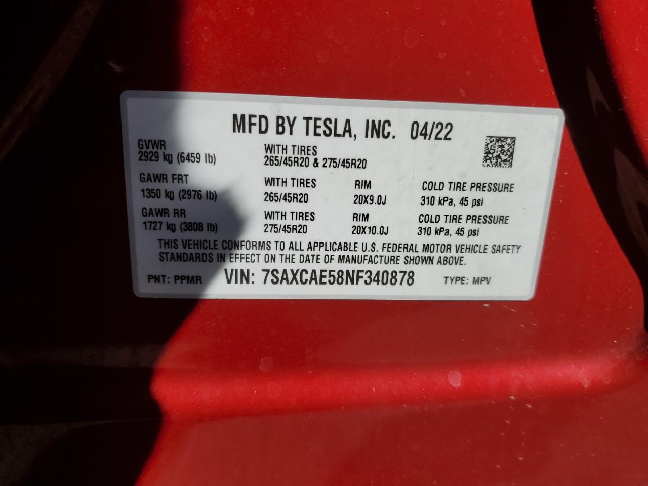 2022 TESLA MODEL X VIN:7SAXCAE58NF340878