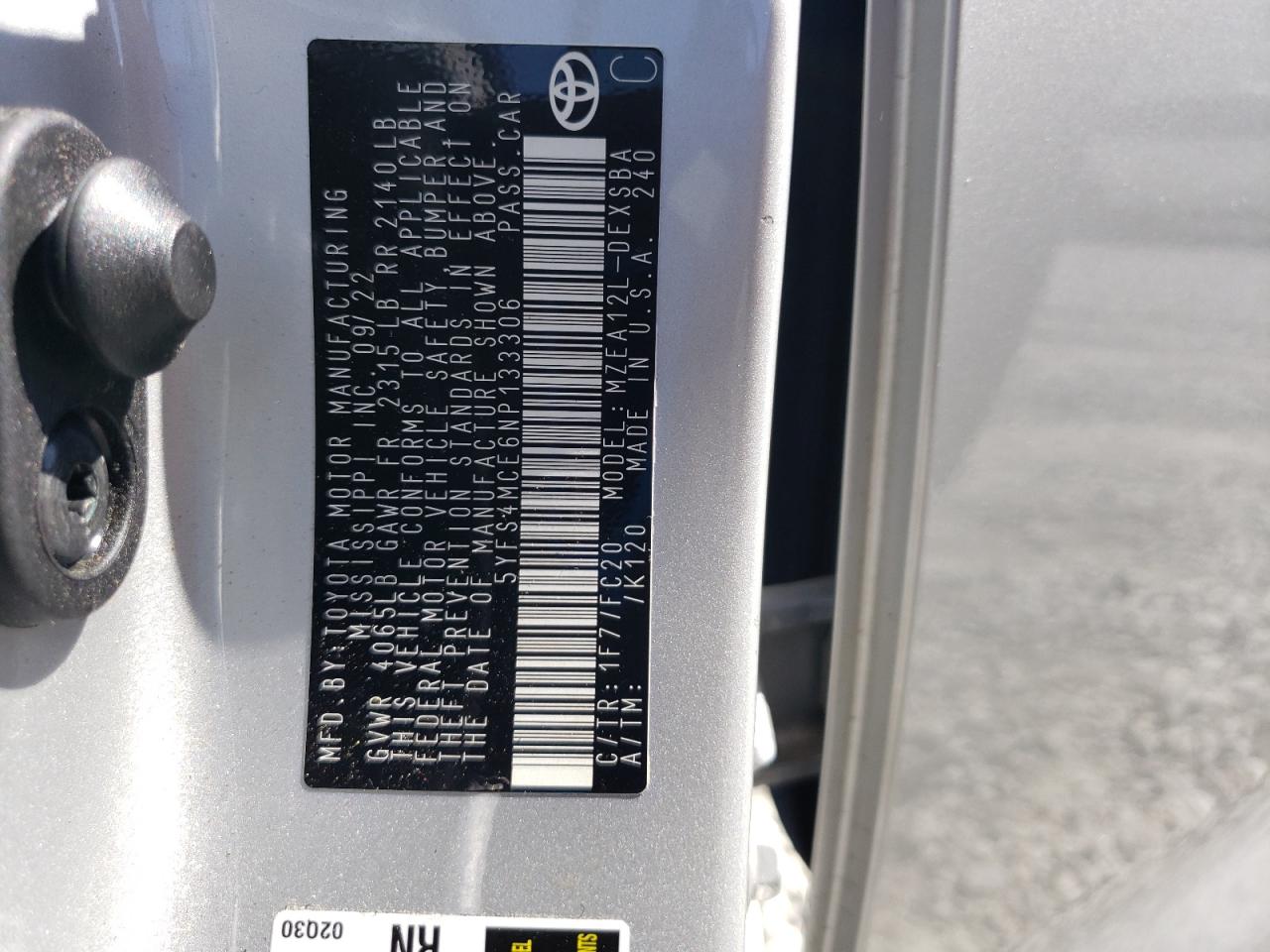 2022 TOYOTA COROLLA SE VIN:5YFS4MCE6NP133306