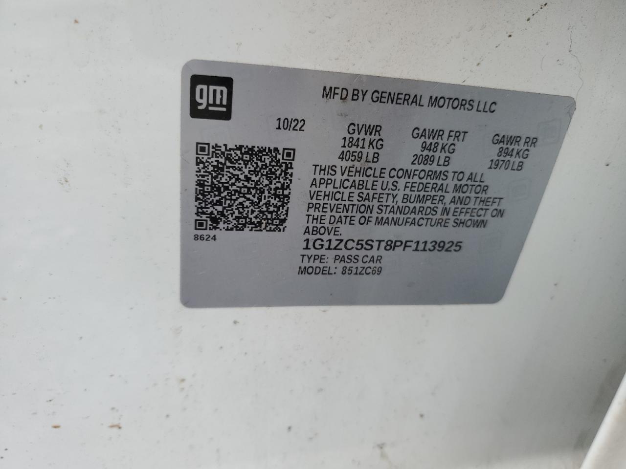 2023 CHEVROLET MALIBU LS VIN:1G1ZC5ST8PF113925