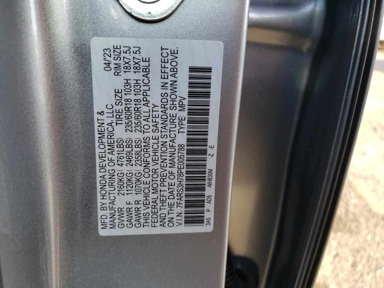 2023 HONDA CR-V EXL VIN:7FARS3H78PE005788