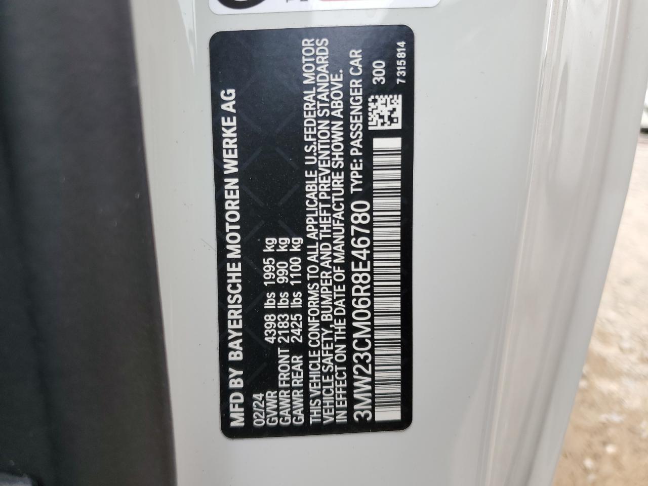 2024 BMW 230I VIN:3MW23CM06R8E46780