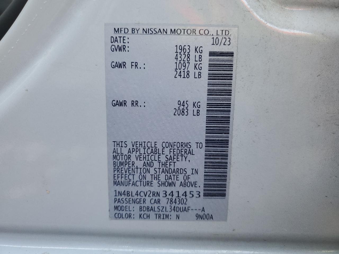 2024 NISSAN ALTIMA SR VIN:1N4BL4CV2RN341453