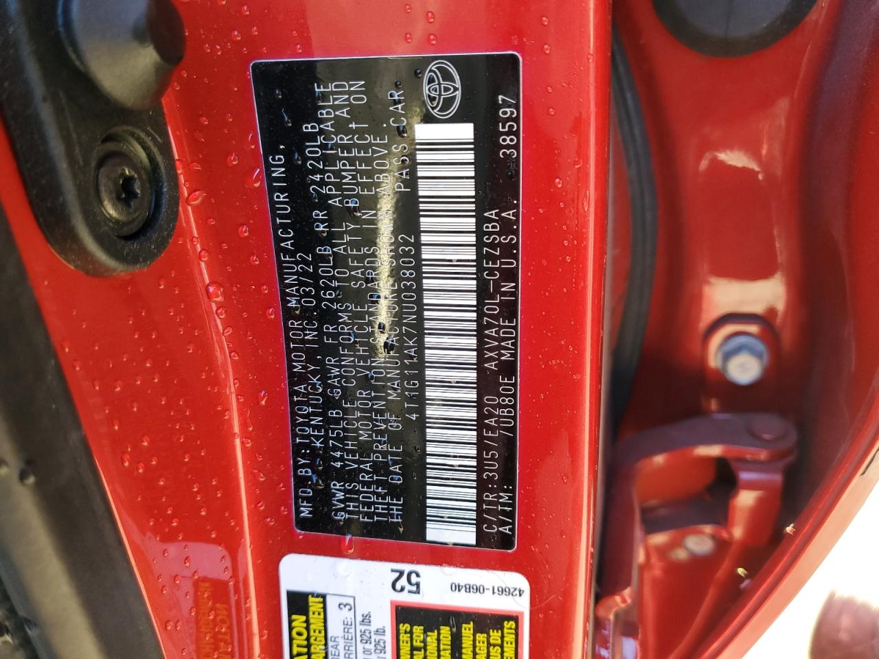 2022 TOYOTA CAMRY SE VIN:1N4AL11D46C228020