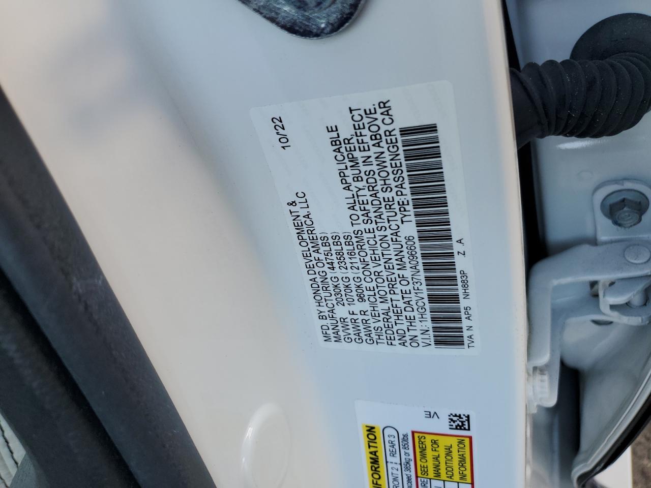 2022 HONDA ACCORD SPORT VIN:1HGCV1F37NA096606