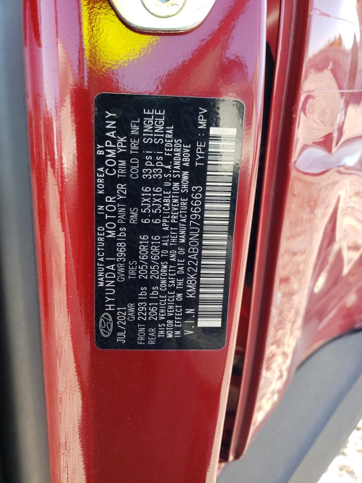 2022 HYUNDAI KONA SEL VIN:KM8K22AB0NU796663