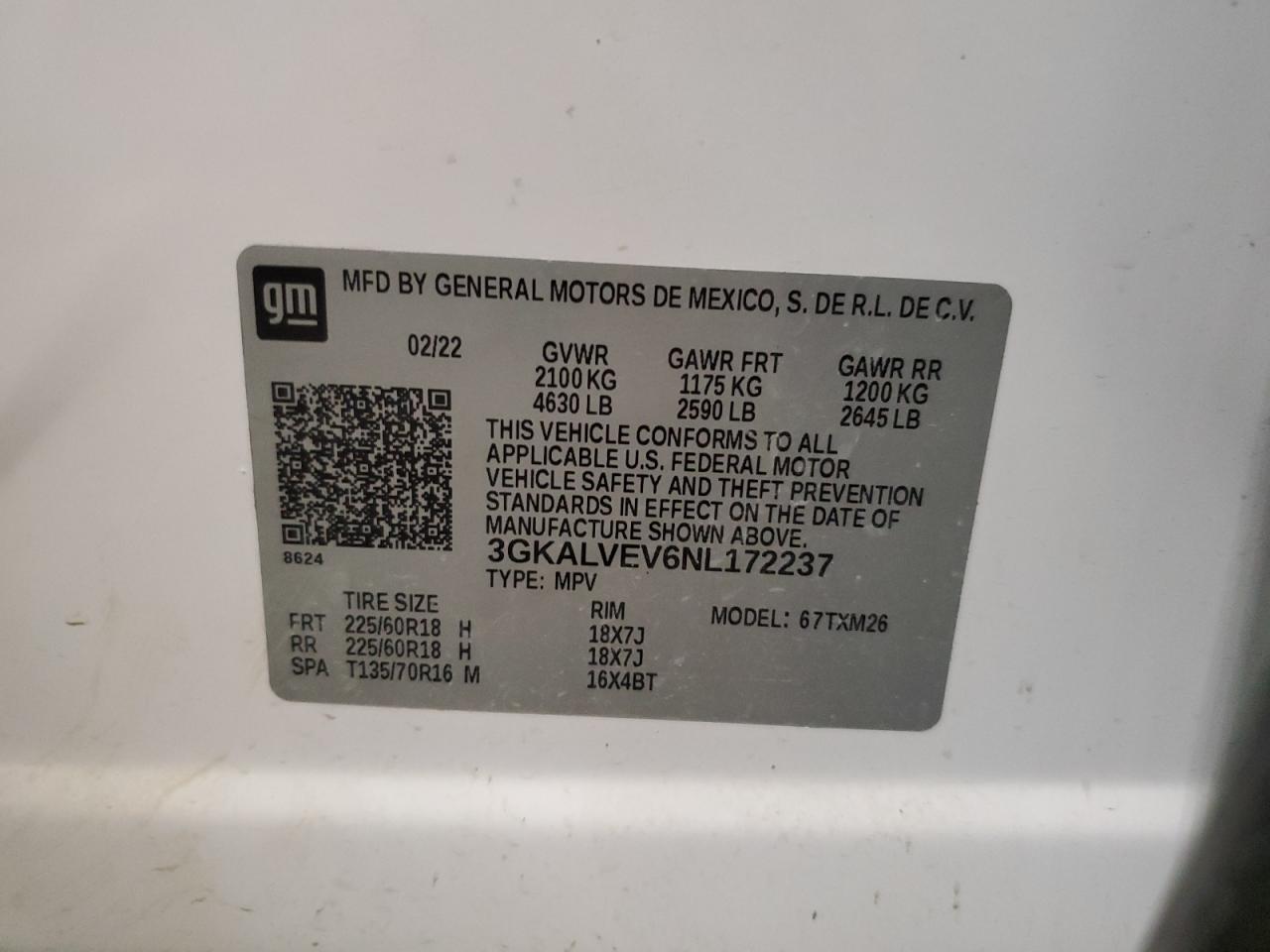 2022 GMC TERRAIN SLT VIN:3GKALVEV6NL172237