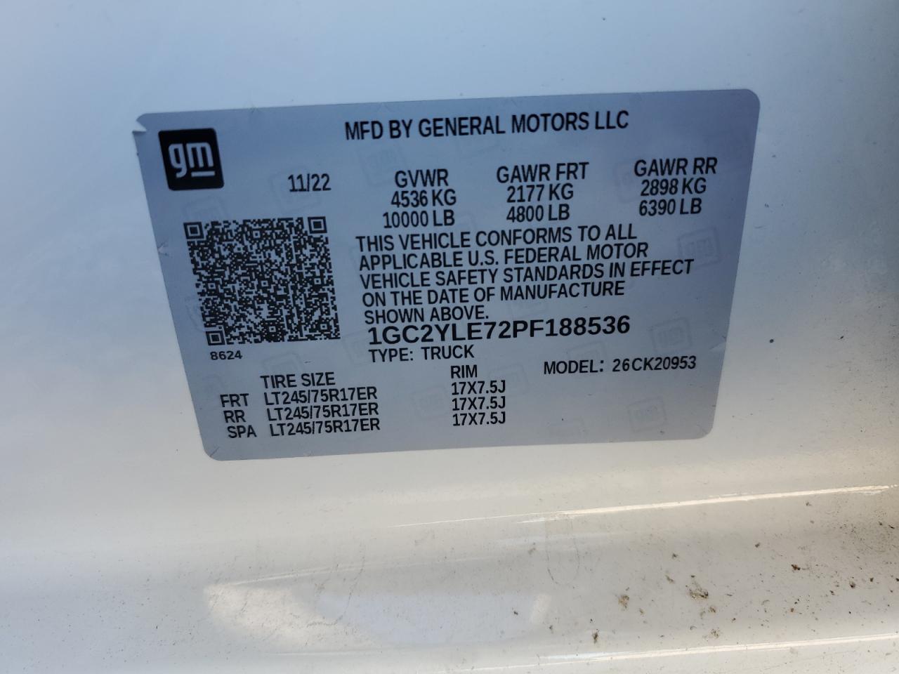 2023 CHEVROLET SILVERADO K2500 HEAVY DUTY VIN:1GC2YLE72PF188536