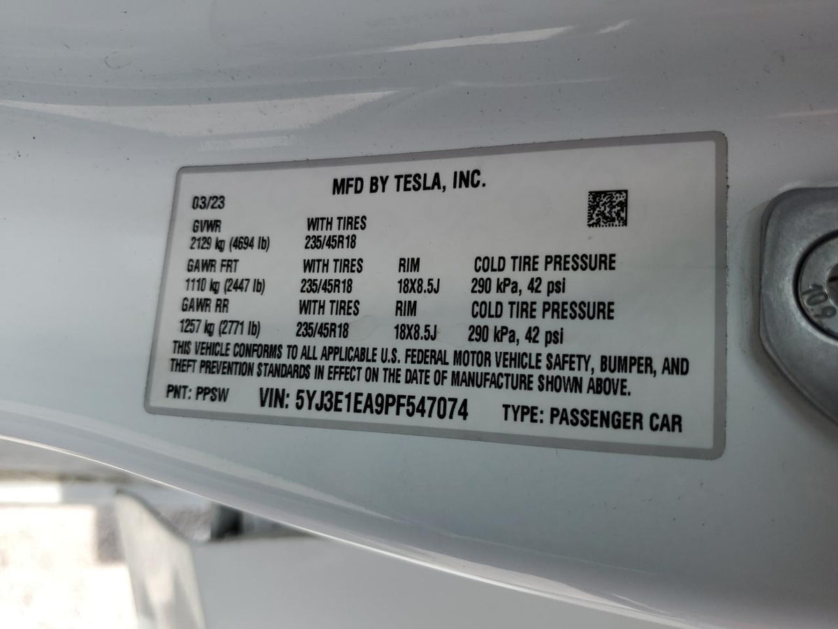 2023 TESLA MODEL 3 VIN:5YJ3E1EA9PF547074