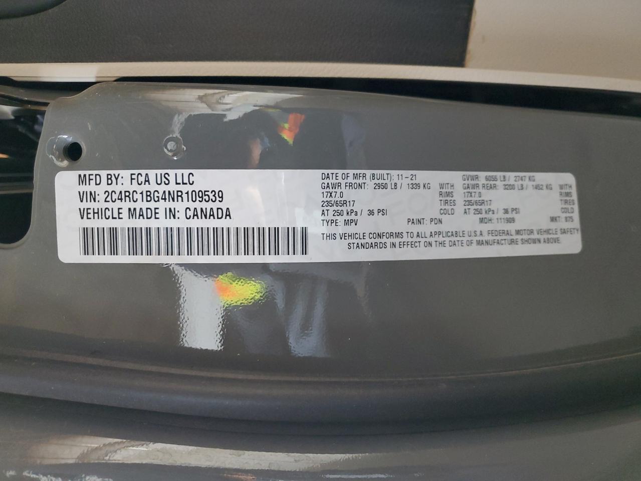 2022 CHRYSLER PACIFICA TOURING L VIN:2C4RC1BG4NR109539