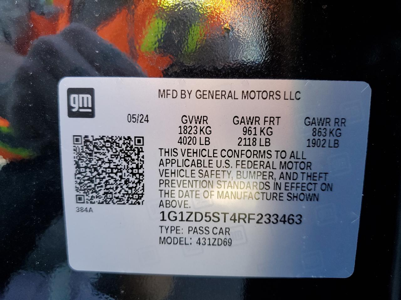 2024 CHEVROLET MALIBU LT VIN:1G1ZD5ST4RF233463